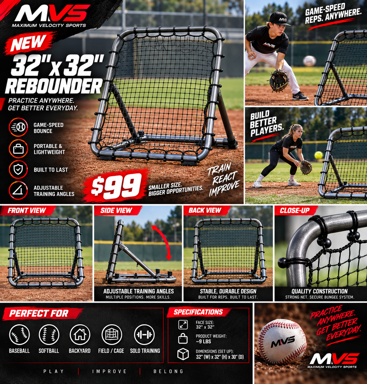Pro Portable Baseball & Softball Rebounder 32" x 32" Compact