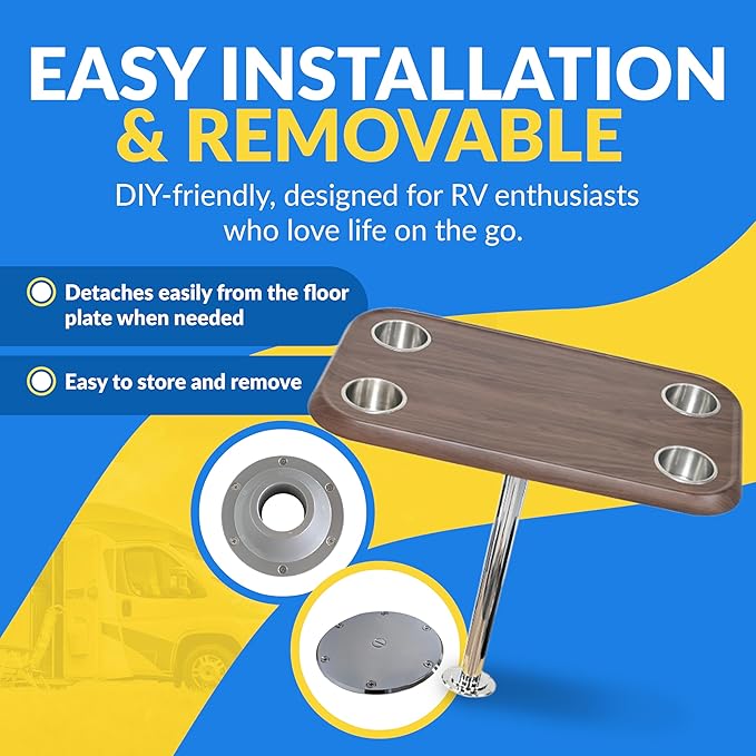 RV Side Tables | RV End Tables - Table Set - 6" Flush Mount Floor Plate / Anti Wobble, Cocktail Design (6 colors)