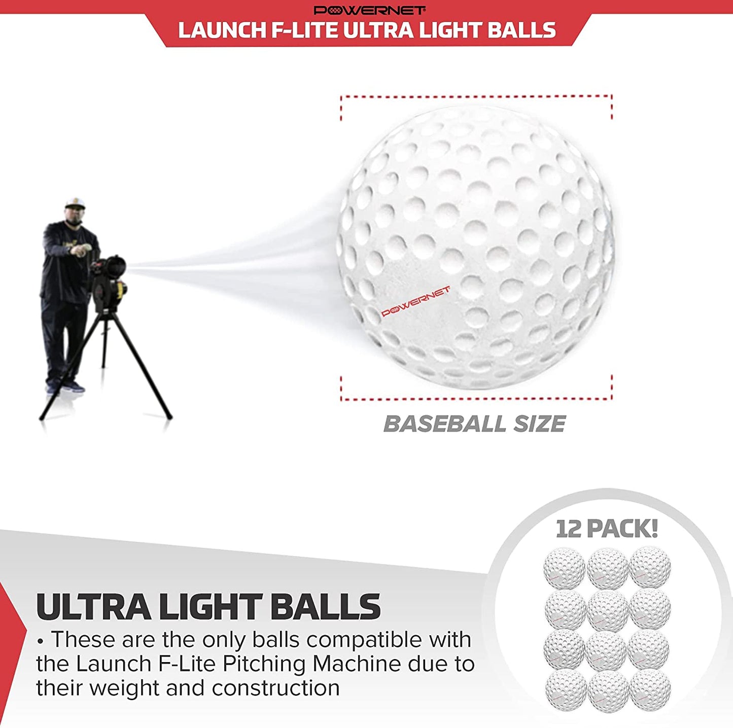 PowerNet Launch F-lite Ultra Light Dimpled Practice Balls for Pitching Machine