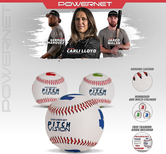 Powernet Pitch Vision Training Baseballs 3 or 9 Pack | 4 Numbered Sides | Multicolored