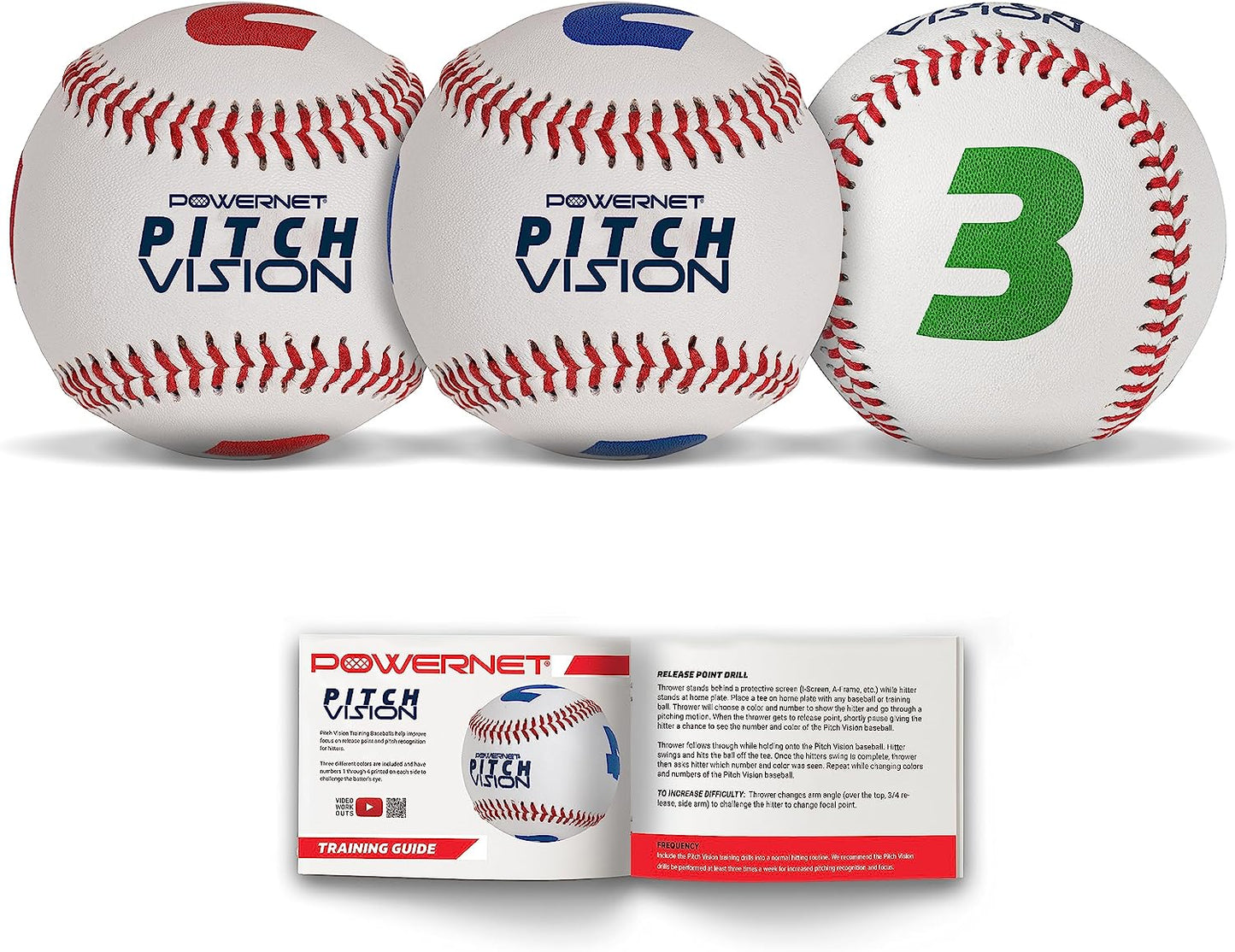 Powernet Pitch Vision Training Baseballs 3 or 9 Pack | 4 Numbered Sides | Multicolored