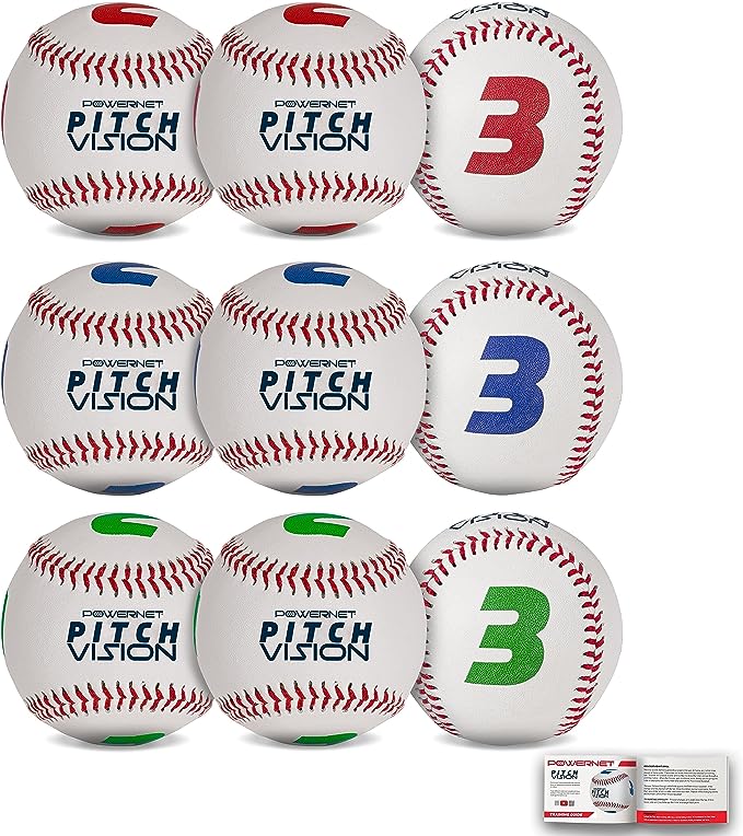 Powernet Pitch Vision Training Baseballs 3 or 9 Pack | 4 Numbered Sides | Multicolored