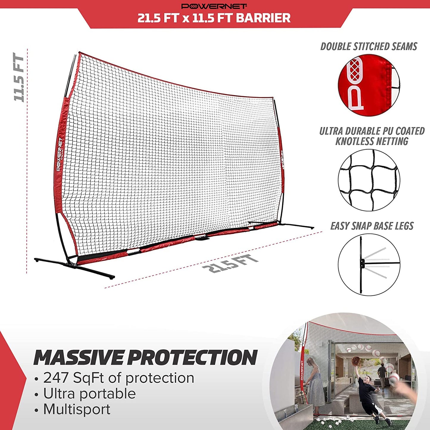PowerNet XL Sports Barrier Net 21.5 ft x 11.5 ft - 247 SqFt of Protection